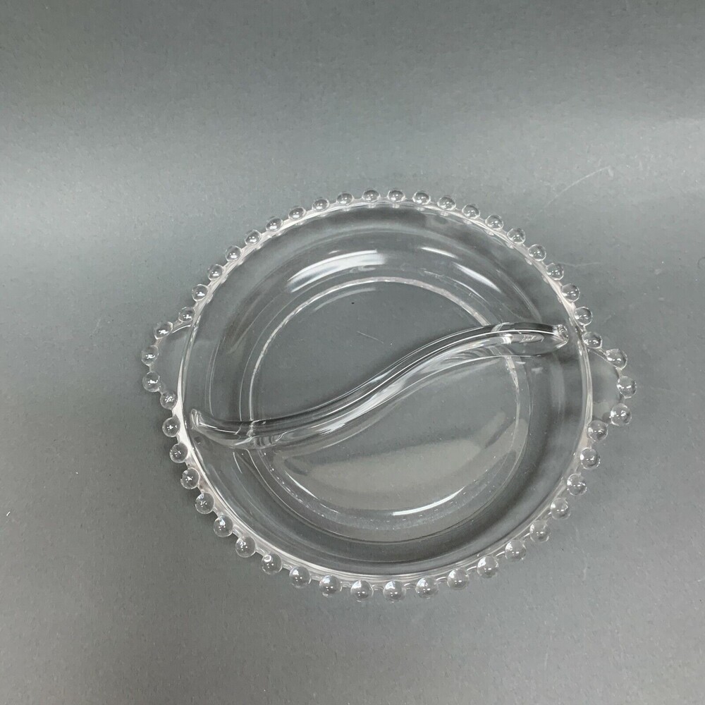 Ohio Imperial‎ Glass Divided Bowl Plate Clear Beaded Candlewick Handles